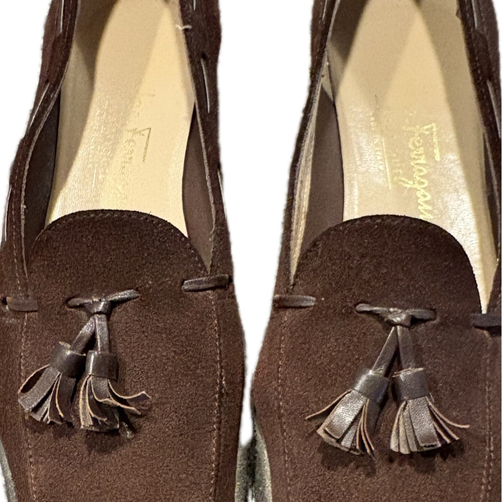 Salvatore Ferragamo Vintage Women’s Chocolate Suede Loafers with Leather Tassels - Picture 2 of 12